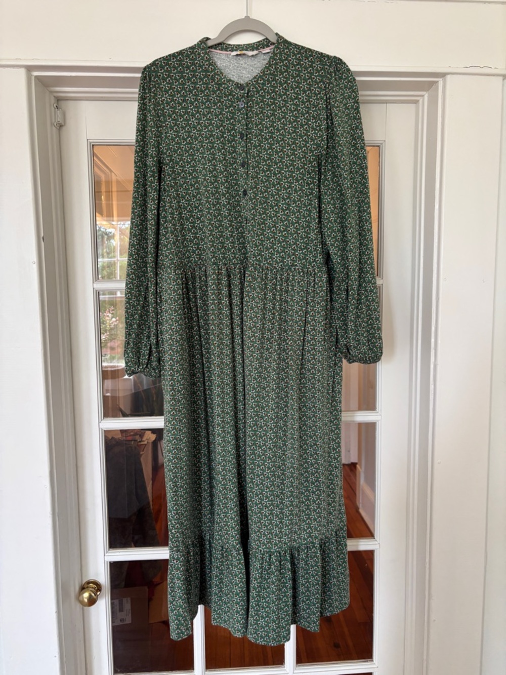 Boden Green Floral Midi Dress Long Sleeve Button Front Size 16/18 Boho